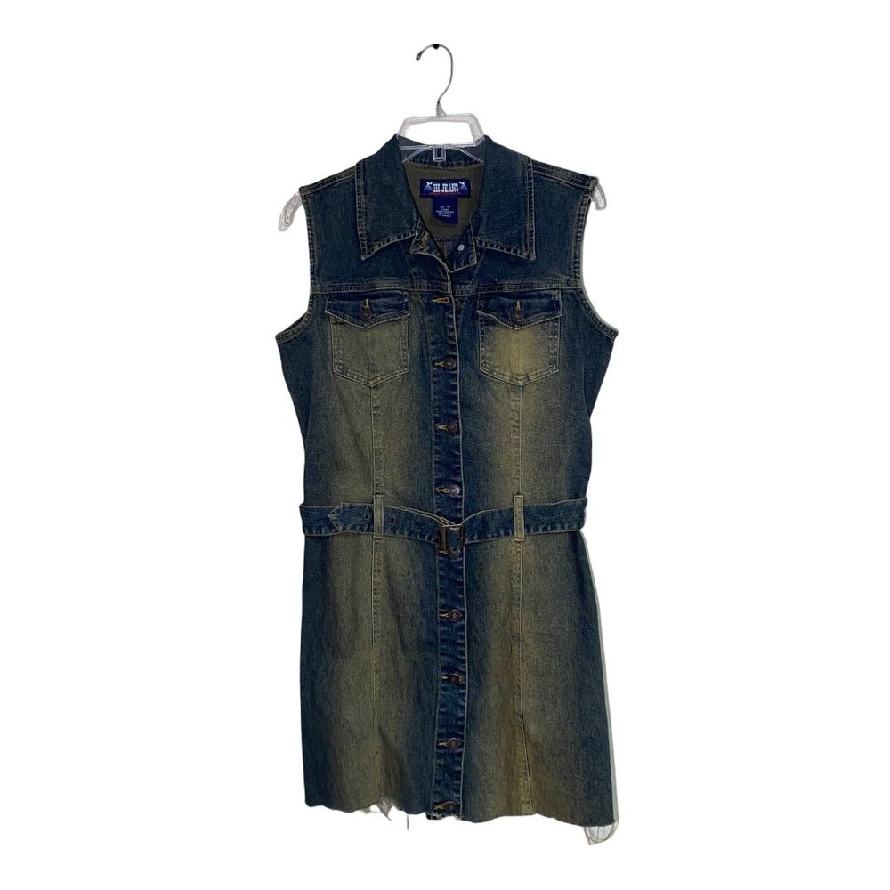 HI Jeans Jean Power Sleeveless Button Down Denim Belted Mini Dress Collared Size